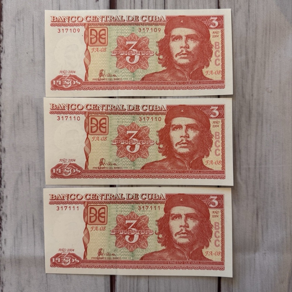 3 Consecutive Number Cuba Banknote 3 Pesos 2004 Uncirculated Che Guevara x3 Lot